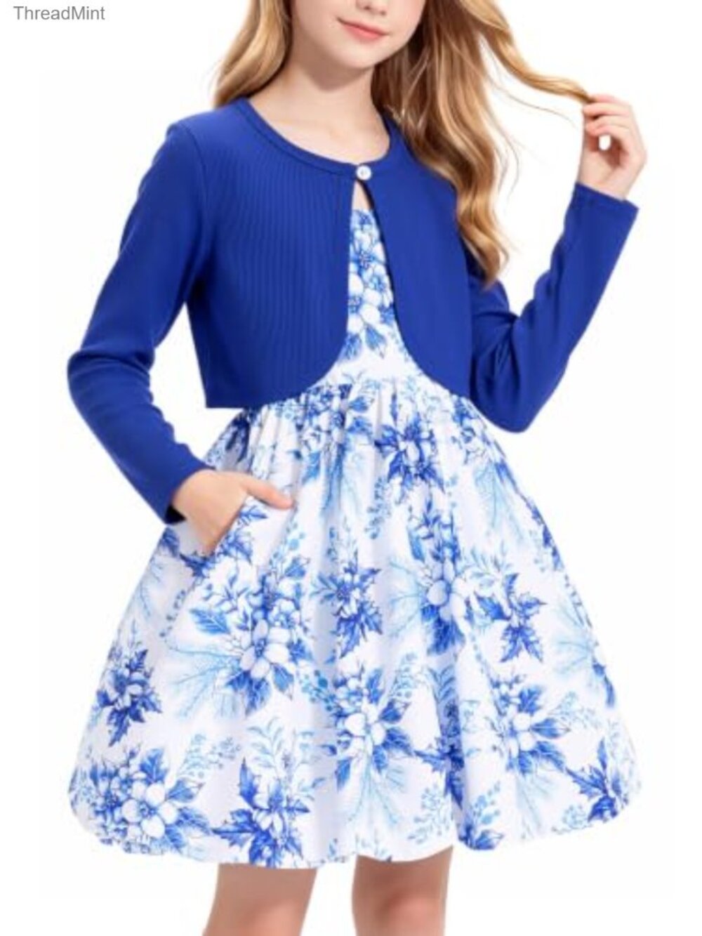 Girls Bubble Dress with Cardigan 2 Piece Set, High Waist Floral Blouson Dress